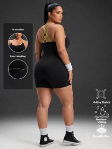 Powerista Women's Plus Size Backless Halter Neck Fitted Sports Romper - Black - View 3
