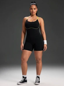 Powerista Women's Plus Size Backless Halter Neck Fitted Sports Romper - Black - View 4