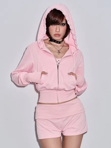 ROMWE Y2K 甜美粉色收腰運動衫 + 低腰短褲 女款兩件套 - 粉色 - 查看 1
