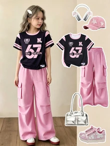 SHEIN 青少年女孩圓領字母數字印花短袖T恤與工裝褲休閒運動日常上學套裝，亮粉色格紋，適合炎夏 - 彩色 - 查看 8