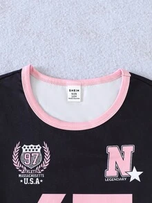 SHEIN 青少年女孩圓領字母數字印花短袖T恤與工裝褲休閒運動日常上學套裝，亮粉色格紋，適合炎夏 - 彩色 - 查看 5