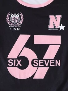 SHEIN 青少年女孩圓領字母數字印花短袖T恤與工裝褲休閒運動日常上學套裝，亮粉色格紋，適合炎夏 - 彩色 - 查看 6