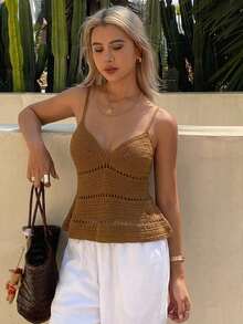 DAZY Solid Color Fitted Hollow Out Cami Casual Sexy Beach Vacation Summer Knit Top For Women - Brown - View 6