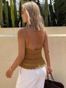 DAZY Solid Color Fitted Hollow Out Cami Casual Sexy Beach Vacation Summer Knit Top For Women - Brown - View 2