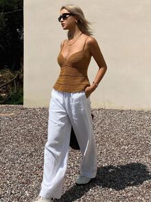 DAZY Solid Color Fitted Hollow Out Cami Casual Sexy Beach Vacation Summer Knit Top For Women - Brown - View 3