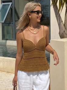 DAZY Solid Color Fitted Hollow Out Cami Casual Sexy Beach Vacation Summer Knit Top For Women - Brown - View 5