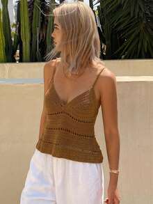 DAZY Solid Color Fitted Hollow Out Cami Casual Sexy Beach Vacation Summer Knit Top For Women - Brown - View 4