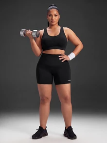 Powerista Women's Plus Size Letter Print Colorblock Fitted Sports Shorts - Black - View 8