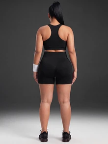 Powerista Women's Plus Size Letter Print Colorblock Fitted Sports Shorts - Black - View 9