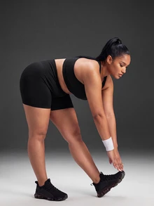Powerista Women's Plus Size Letter Print Colorblock Fitted Sports Shorts - Black - View 6