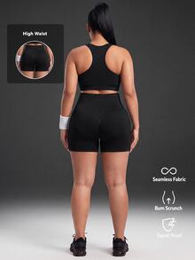 Powerista Women's Plus Size Letter Print Colorblock Fitted Sports Shorts - Black - View 4