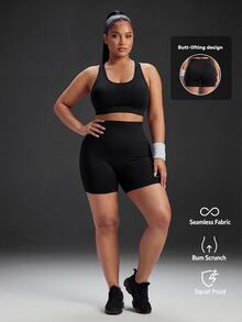Powerista Women's Plus Size Letter Print Colorblock Fitted Sports Shorts - Black - View 2