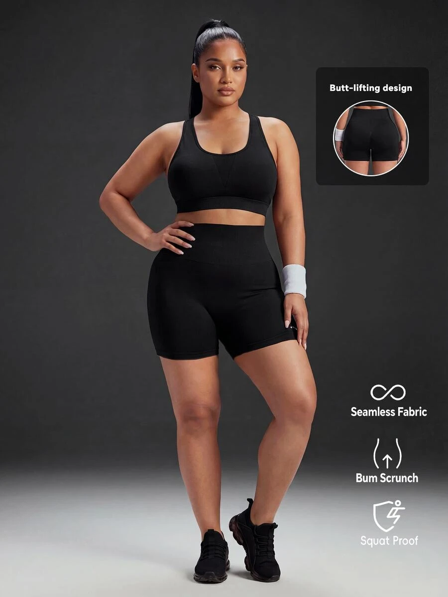 Powerista Women's Plus Size Letter Print Colorblock Fitted Sports Shorts