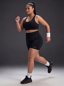 Powerista Women's Plus Size Letter Print Colorblock Fitted Sports Shorts - Black - View 7