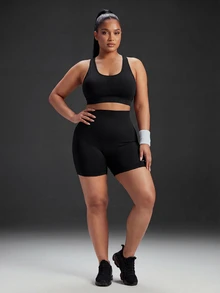 Powerista Women's Plus Size Letter Print Colorblock Fitted Sports Shorts - Black - View 5