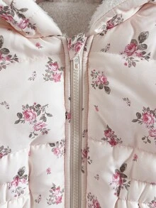 SHEIN 女童收腰連帽棉質加厚保暖內裡拉鍊夾克，仿抽繩修身設計 - 彩色 - 查看 5