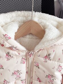 SHEIN 女童收腰連帽棉質加厚保暖內裡拉鍊夾克，仿抽繩修身設計 - 彩色 - 查看 6