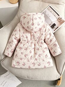 SHEIN 女童收腰連帽棉質加厚保暖內裡拉鍊夾克，仿抽繩修身設計 - 彩色 - 查看 2