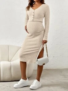 GentleRue Maternity Maternity Button Front Coat & Cami Dress Fall - Apricot - View 4
