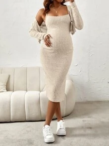 GentleRue Maternity Maternity Button Front Coat & Cami Dress Fall - Apricot - View 5