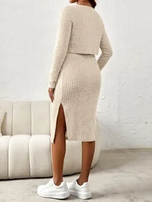GentleRue Maternity Maternity Button Front Coat & Cami Dress Fall - Apricot - View 2