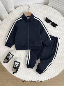 Cozy Pixies Baby Boy Kids Casual Daily Fashion Lapel Open Front Blue Patchwork Webbing Jacket & Sweatpants Set, Back To School Season - Blue - View 5
