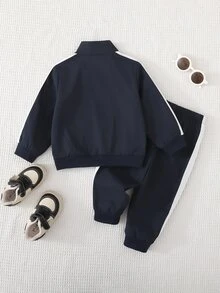 Cozy Pixies Baby Boy Kids Casual Daily Fashion Lapel Open Front Blue Patchwork Webbing Jacket & Sweatpants Set, Back To School Season - Blue - View 6
