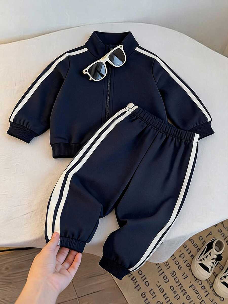 Cozy Pixies Baby Boy Kids Casual Daily Fashion Lapel Open Front Blue Patchwork Webbing Jacket & Sweatpants Set, Back To School Season - Blue - View 1
