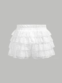 Girlism 青少年女孩春夏新款白色針織蕾絲布料休閒時尚可愛純色裙褲 - 白色 - 查看 2