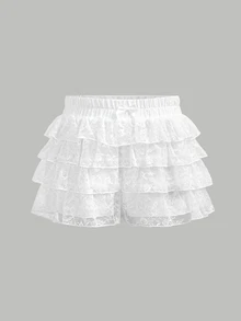 Girlism 青少年女孩春夏新款白色針織蕾絲布料休閒時尚可愛純色裙褲 - 白色 - 查看 4