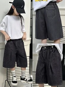 SHEIN Y2K街头风女童宽松浅色水洗牛仔短裤，松紧腰带，星星刺绣装饰 - 黑色 - 查看 4
