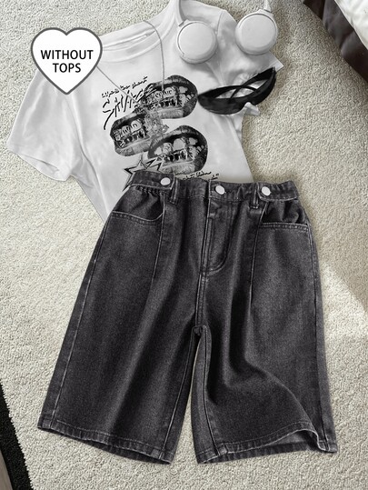 SHEIN Tween Girls Y2K Streetwear Style Loose Fit Denim Shorts,Dark Wash,Summer,Casual,Streetwear,School,Back-To-School Star Embroidery Jeans For Teenagers