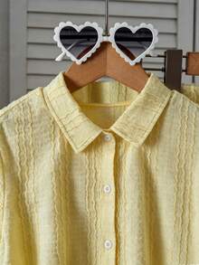 Tween Girls 2 Pieces Outfit Set, Butter Yellow Pineapple Embroidery Button-Down Shirt And Wide Leg Pants Set, Tie Waist Top Pants, Back To School - Yellow - View 6