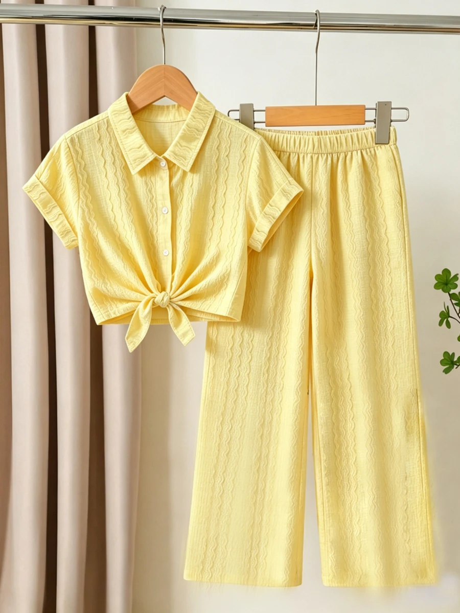 Tween Girls 2 Pieces Outfit Set, Butter Yellow Pineapple Embroidery Button-Down Shirt And Wide Leg Pants Set, Tie Waist Top Pants, Back To School