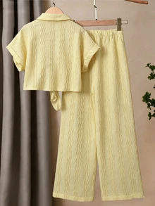 Tween Girls 2 Pieces Outfit Set, Butter Yellow Pineapple Embroidery Button-Down Shirt And Wide Leg Pants Set, Tie Waist Top Pants, Back To School - Yellow - View 3
