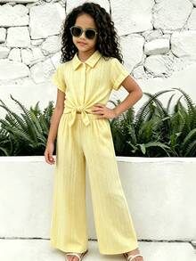 Tween Girls 2 Pieces Outfit Set, Butter Yellow Pineapple Embroidery Button-Down Shirt And Wide Leg Pants Set, Tie Waist Top Pants, Back To School - Yellow - View 4