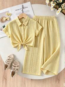 Tween Girls 2 Pieces Outfit Set, Butter Yellow Pineapple Embroidery Button-Down Shirt And Wide Leg Pants Set, Tie Waist Top Pants, Back To School - Yellow - View 7