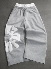 SLATEMANN Men's Letter Print Drawstring Waist Casual Wide Leg Sweatpants Men's Streetwear Letter Print Drawstring Waist Casual Wide Leg Sweatpants - Grey - View 2