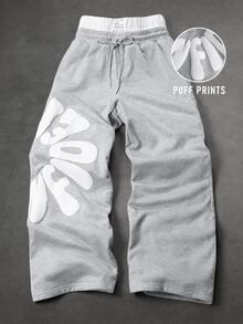 SLATEMANN Men's Letter Print Drawstring Waist Casual Wide Leg Sweatpants Men's Streetwear Letter Print Drawstring Waist Casual Wide Leg Sweatpants - Grey - View 1