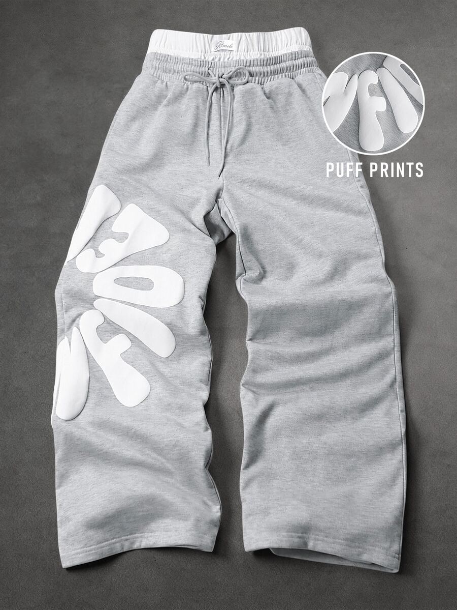 SLATEMANN Men's Letter Print Drawstring Waist Casual Wide Leg Sweatpants Men's Streetwear Letter Print Drawstring Waist Casual Wide Leg Sweatpants - Grey - View 1