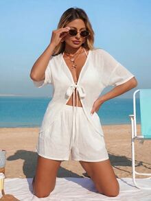 SHEIN Swim 2026春夏新款白色純色沙灘度假短褲 女款罩衫 性感歐美波希米亞休閒風 搖滾 Y2K 派對排球 - 杏色 - 查看 5
