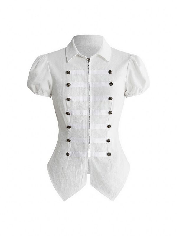 ROMWE Grunge Punk Women's White Napoleon Collar Petal Sleeve Y2K Palace Style Versatile Blouse With Bronze Metal Zipper