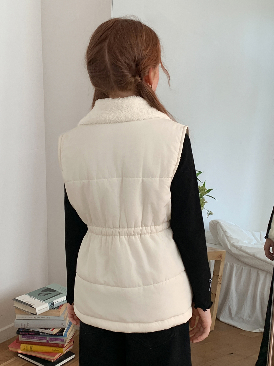 Tween Girl Solid Color Thermal Lined Pleated Casual Daily Winter Cotton Padded Vest Jacket