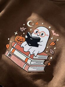 SHEIN 女款萬聖節刺繡運動衫－可愛幽靈圖案圓領套頭衫－抓絨內裡保暖大尺碼上衣 - 咖啡棕 - 查看 4