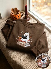 SHEIN 女款萬聖節刺繡運動衫－可愛幽靈圖案圓領套頭衫－抓絨內裡保暖大尺碼上衣 - 咖啡棕 - 查看 1