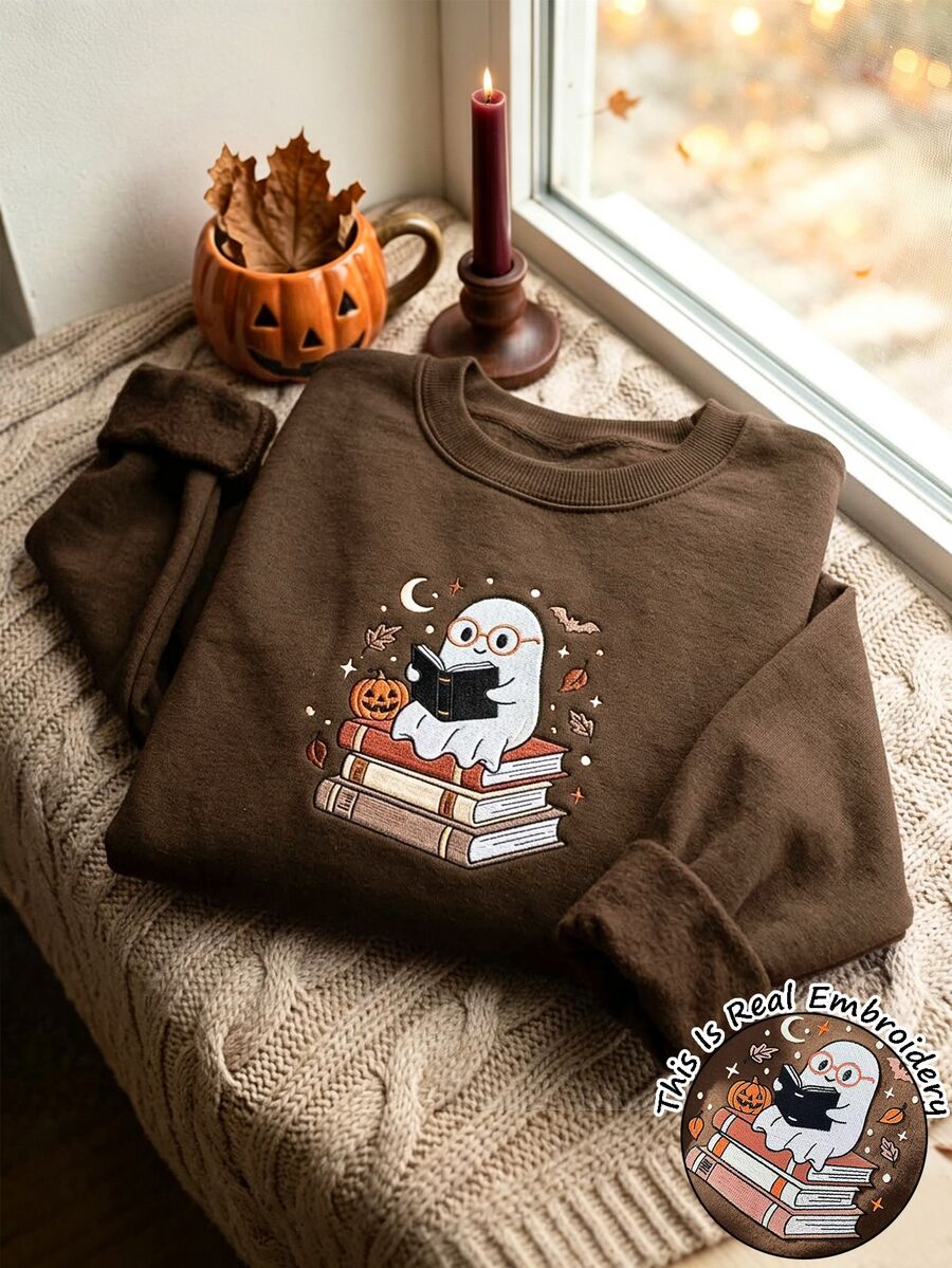 SHEIN 女款萬聖節刺繡運動衫-可愛幽靈圖案圓領套頭衫-抓絨內裡保暖大尺碼上衣 - 咖啡棕 - 查看 1