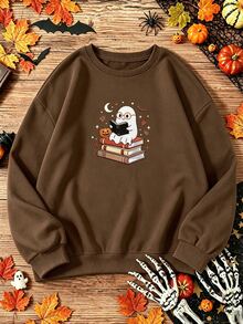 SHEIN 女款萬聖節刺繡運動衫－可愛幽靈圖案圓領套頭衫－抓絨內裡保暖大尺碼上衣 - 咖啡棕 - 查看 3