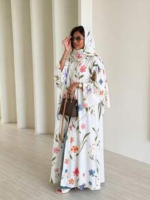 Yasmyna 女款端莊開襟復古花卉印花長袍套裝，寬袖長袍附配套希賈布 - 白色 - 查看 1