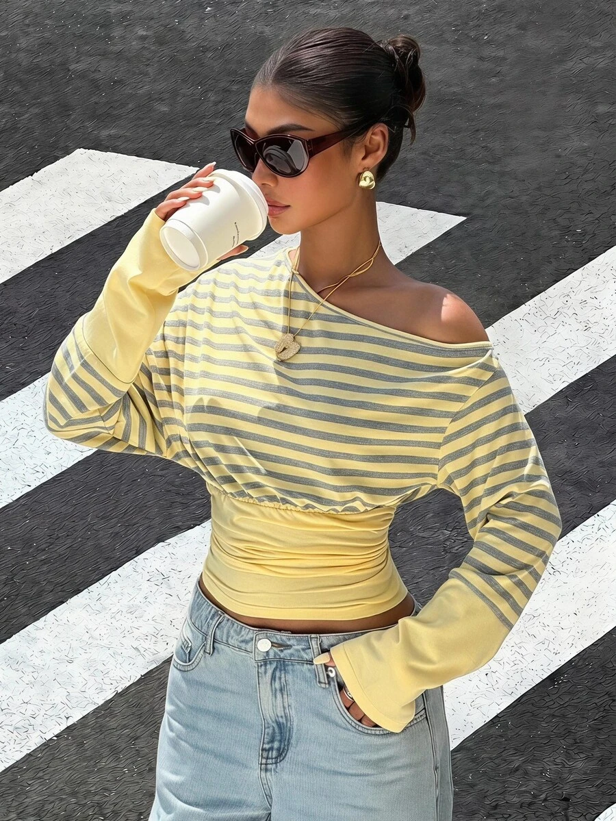 Muchica Women's Autumn New Yellow & Gray Knitted Striped Waist-Cinching Asymmetric Neck Long Sleeve T-Shirt For Going Out, Streetwear, Y2K - Yellow - View 1
