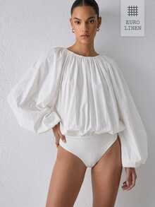 ATUI Studio Bodysuit Lengan Lentera Warna Polos Kasual Wanita - Putih - View 1